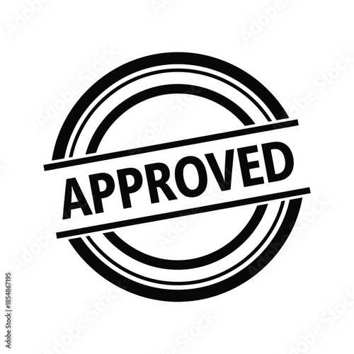 Black and white approved stamp with circular design and bold text silhouette