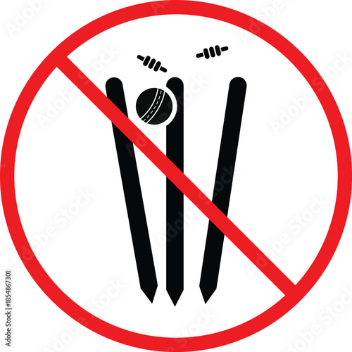 no Cricket bat ball stump bails icon. Cricket bat and ball prohibition symbols. No sports play graphic design. Game restriction and safety signs
