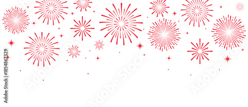 Elegant red fireworks burst and sparkling stars on clean white background, festive celebration illustration for New Year, holiday party, greeting card, luxury event design, minimalist style vector.