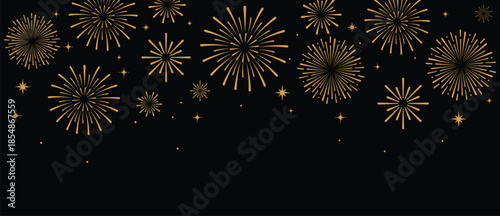 Elegant gold fireworks burst and sparkling stars on clean black background, festive celebration illustration for New Year, holiday party, greeting card, luxury event design, minimalist style vector.