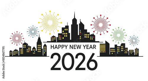 A vibrant new year celebration with a city skyline and colorful fireworks displays
