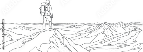 Hiker standing on mountain peak with backpack