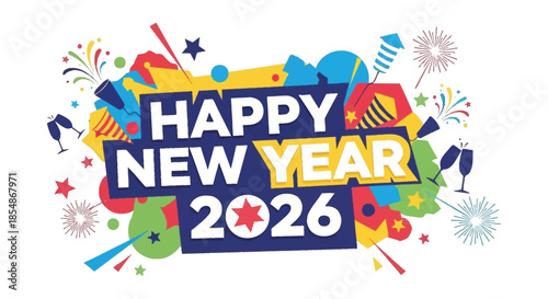 A vibrant burst of colorful confetti fireworks and celebratory graphics for the happy new year 2026