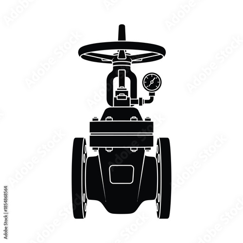 Detailed illustration of an industrial gate valve component in a striking black silhouette