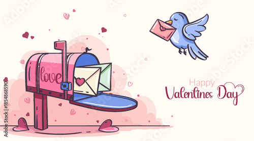 Valentine Day Mailbox with Love Letters and Bird