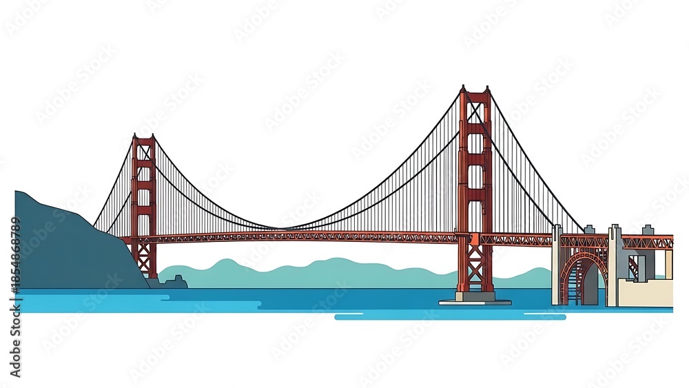 Fototapeta premium Iconic red suspension bridge illustration isolated on white