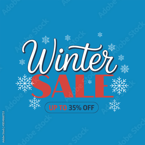 Winter Sale Banner with Snowflakes and Up to 35% Off Discount
