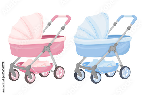 Vector cartoon cute image of a baby stroller. Concept of caring for a baby and child. Parenting. Element for your design. Gender-neutral party.