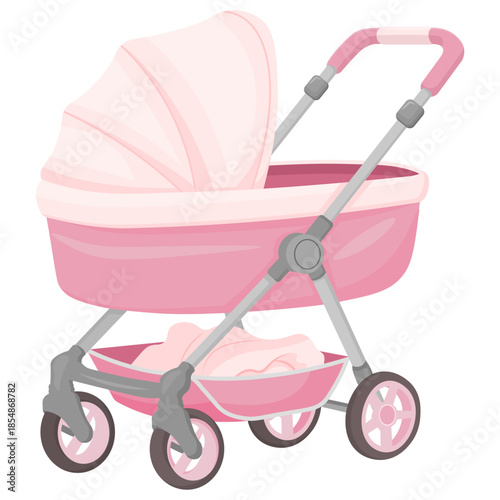 Vector cartoon cute image of a baby stroller. Concept of caring for a baby and child. Parenting. Element for your design. Gender-neutral party.