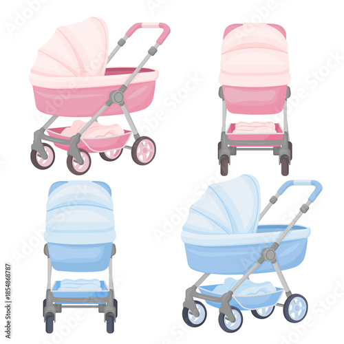 Vector cartoon cute image of a baby stroller. Concept of caring for a baby and child. Parenting. Element for your design. Gender-neutral party.