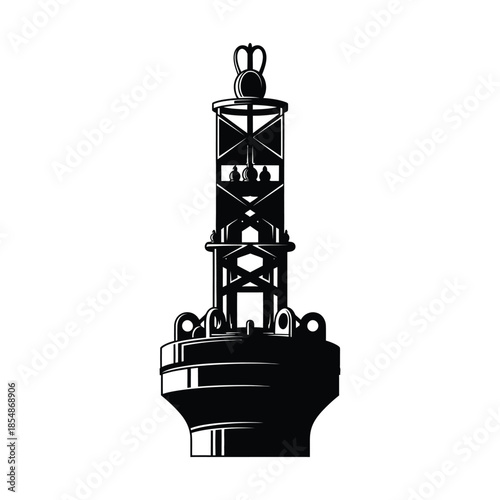 Detailed illustration of an ornate oil derrick structure in a striking black silhouette