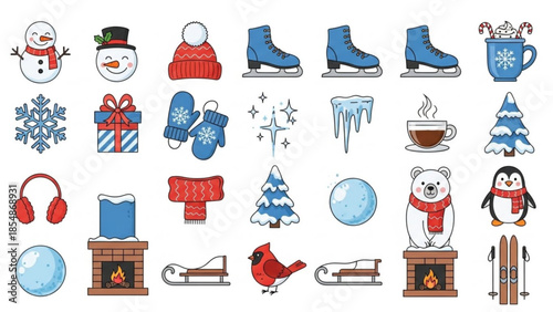 Winter icons set, snowman, penguins, polar bear, ice skates, snowflakes, gifts, fireplace, scarf, hat, mittens, warm drink, and more