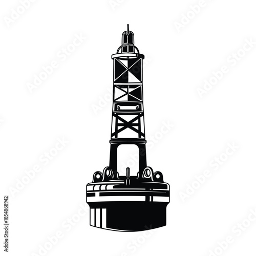 Detailed illustration of an oil rig structure against a white background silhouette
