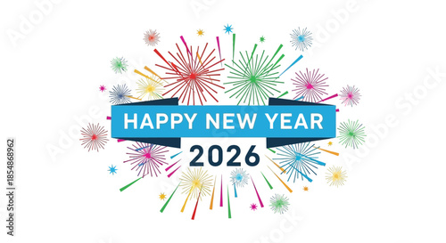 A vibrant new year celebration with colorful fireworks and a festive ribbon banner design