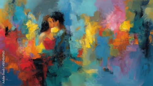 Vibrant abstract painting of a couple in love kissing with a mix of bold colors and dynamic brushstrokes.