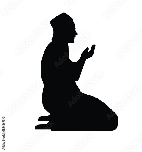 A stark black silhouette of a Muslim man kneeling in prayer (Dua), with hands raised, set against a clean white background