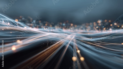 Long exposure of city traffic at night, creating vibrant light trails against a dark skyline.