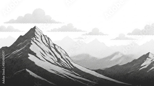 A grayscale illustration of a snow capped mountain range with a prominent peak, misty atmosphere, and clouds in the background