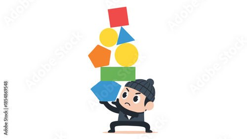 Cartoon Thief Balancing Stack of Geometric Shapes Concept of Risk Imbalance and Difficulty
