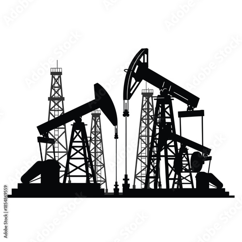 Industrial oil pumps and drilling rigs against a white background a striking silhouette