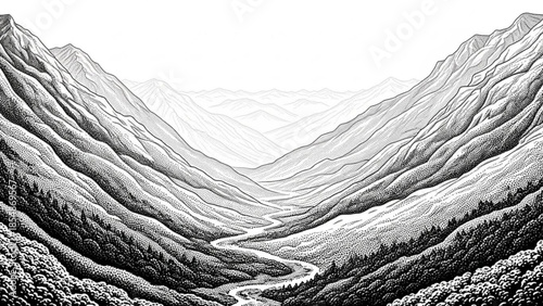 Serene mountain valley landscape with winding river and dense forest, majestic peaks rising under clear sky, detailed black and white illustration