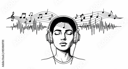 Woman listening to music with headphones and musical notes
