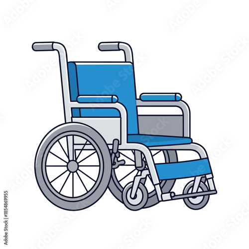 Illustration of a blue and grey wheelchair on a white background with detailed spokes and wheels, representing mobility and accessibility