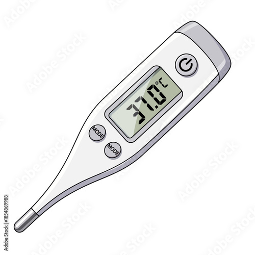 Digital thermometer displaying 370 degrees celsius with mode and power buttons on a white background illustration