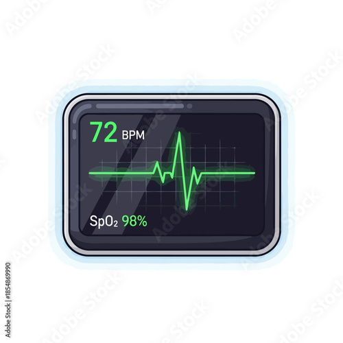 Digital medical monitor displaying vital signs including heart rate at 72 bpm and oxygen saturation spo2 at 98 with a green electrocardiogram waveform on a dark screen