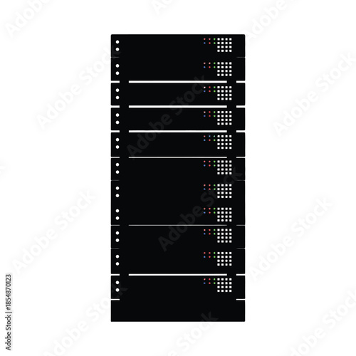A black rack server with multiple illuminated lights a digital technology silhouette