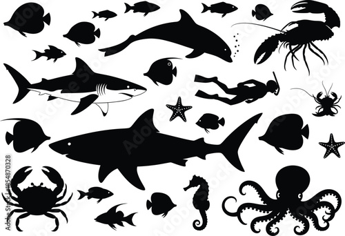 Black silhouettes of various sea creatures on white background