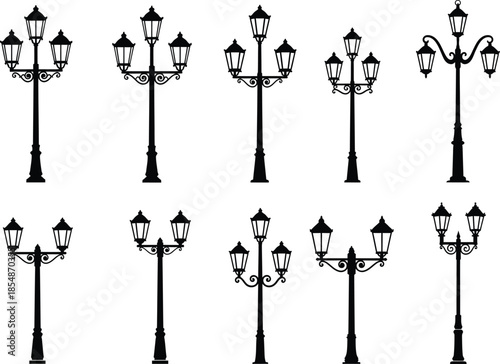 Collection of various traditional european style street lamps and lanterns in black silhouette on white background
