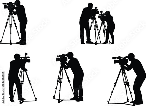 Black silhouettes of photographers and camera crews at work on location