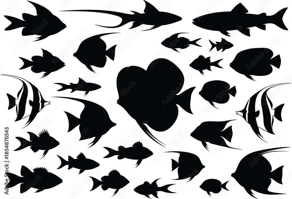 Fototapeta premium Collection of various fish silhouettes on white background for design and decoration