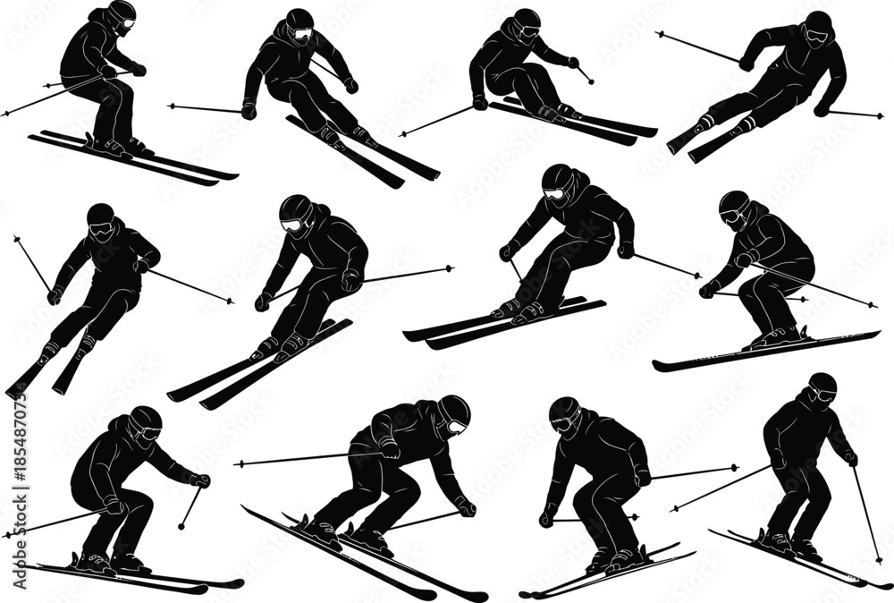 Fototapeta premium A sequence of a person skiing in various positions on snow