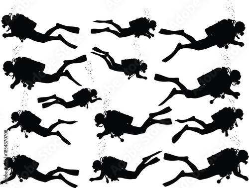 Scuba divers in various swimming positions in black silhouette against white background