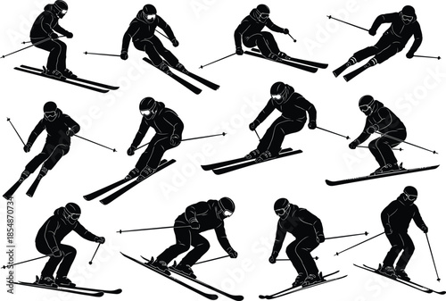 A sequence of a person skiing in various positions on snow