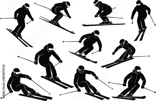 A sequence of a person skiing in various positions on snow