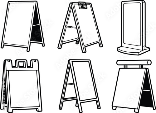 Six different types of standing display boards and easels for presentations and exhibitions