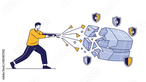 Man with Cyber Weapon Defending Digital Fortress from Cyber Attack Cybersecurity Concept Illustration