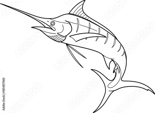 A black and white line drawing of a marlin fish jumping out of the water with its bill pointed to the left