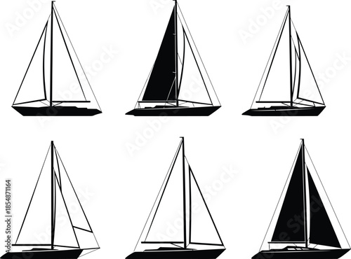 Six sailboats with different sail positions and orientations on water