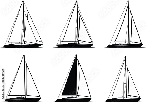 Six sailboats in various positions on calm water with white background
