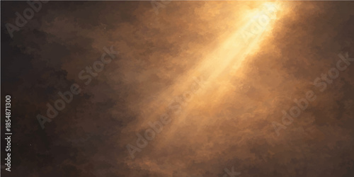 Grunge metal plate with light rays piercing through a dark storm of smoke and mist against a cloudy night sky backdrop