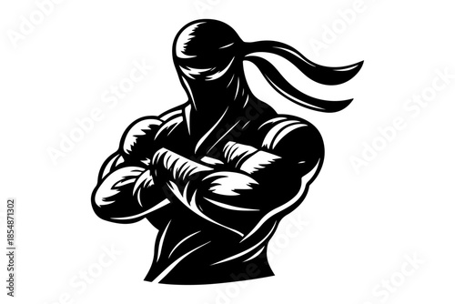 A striking monochrome illustration of a powerful martial arts fighter with a concealed identity, demonstrating strength and discipline through a resolute pose, perfect for emblems and design projects