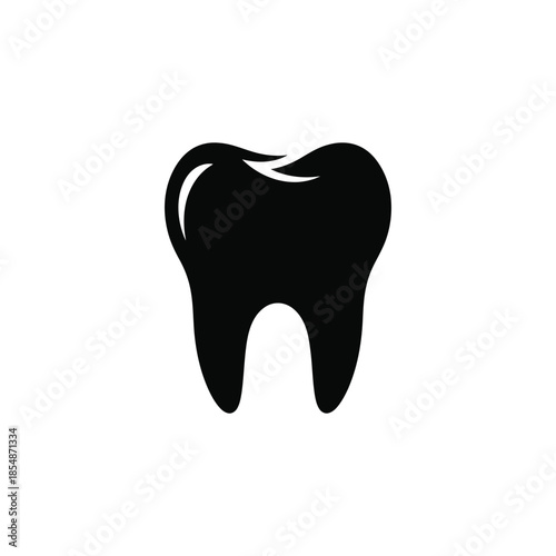A striking black tooth shape presented against a white background a bold silhouette
