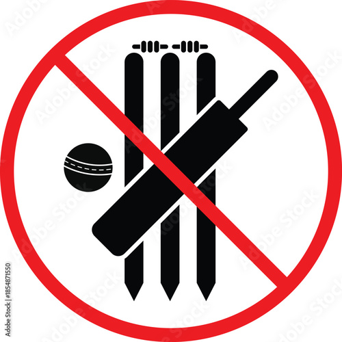 no Cricket bat ball stump bails icon. Cricket bat and ball prohibition symbols. No sports play graphic design. Game restriction and safety signs