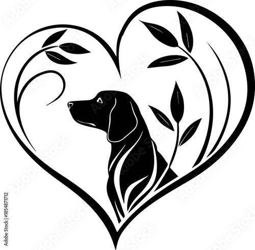 Dog Lover Heart Illustration - Canine Silhouette with Botanical Leaves Floral Heart Frame