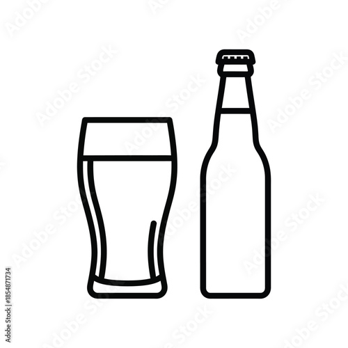 Simple line art depicts a beer bottle and glass a minimalist beverage illustration silhouette