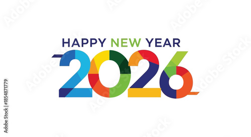 A vibrant and colorful graphic design announces the upcoming new year of 2026 with bold typography